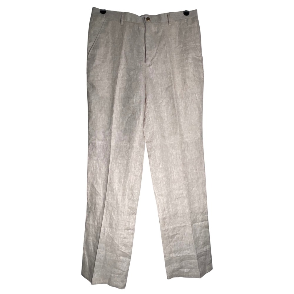 Prestige Original 100% Linen Pants 34x34 Oatmeal Beige Flat Front Slacks LUX-360